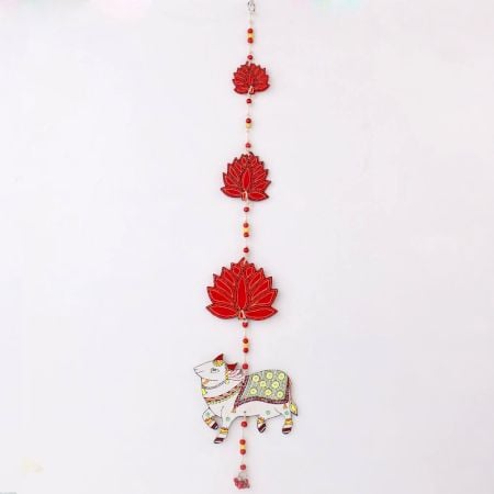 Handmade Wooden Cow and Lotus Wall Hanging for Home Decor - Red, Pink